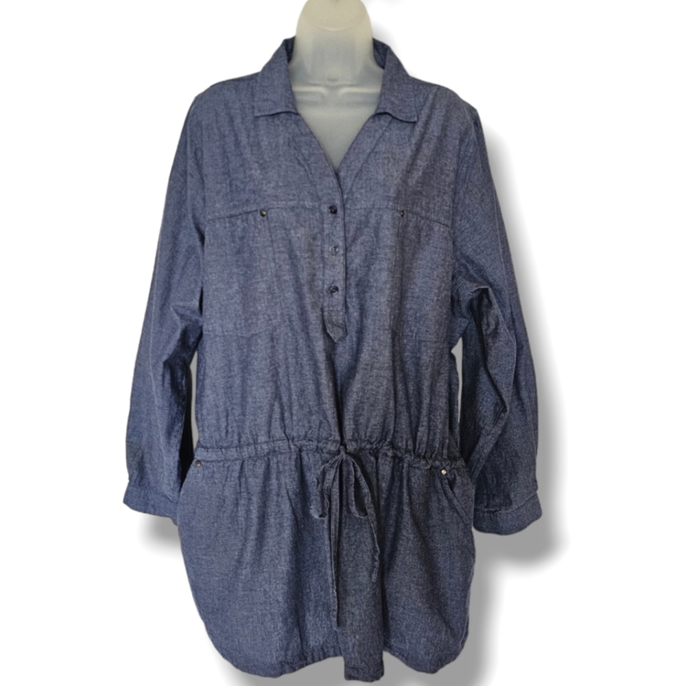 WD.NY Chambray Tie Waist Tunic Top Womens Size 2X Blue Lightweight Long‎ Sleeve